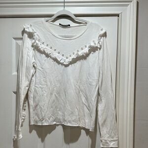 Generation Love White Ruffle Pearl-Trim Long Sleeve Tee